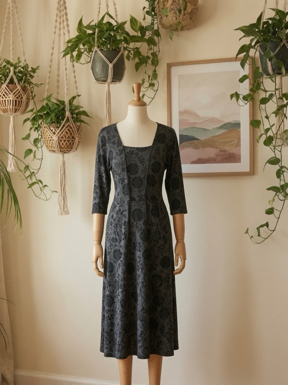 Gudrun Sjöden Charcoal Floral Midi Dress with Square Neck